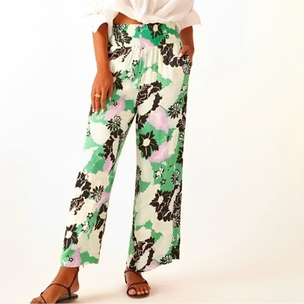 Anthropologie Maeve The Saria Smocked Wide-Leg Pants floral green Boho Small S